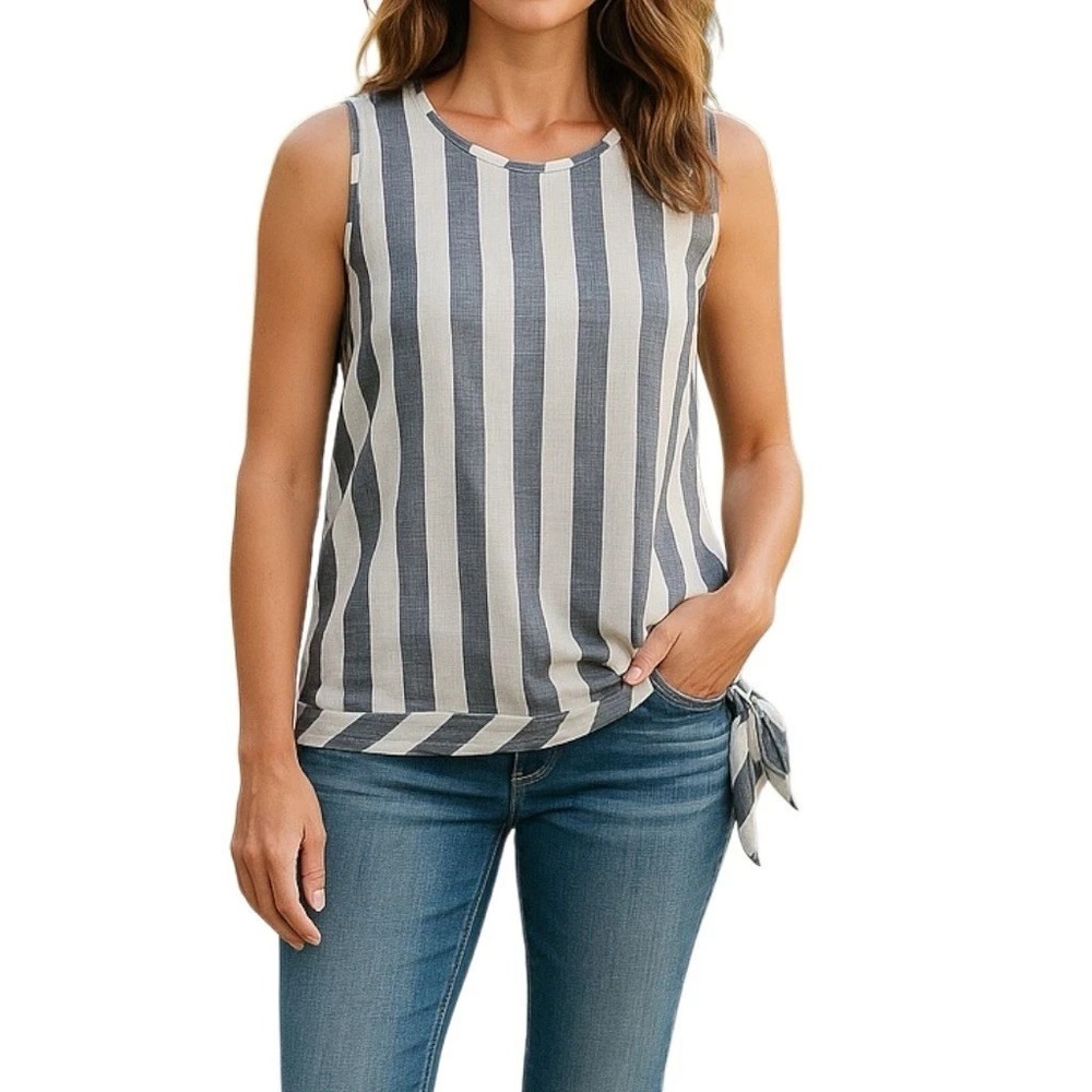 J Crew Tie Waist Top Womens 6 Gray Stripe Linen Sleeveless Nautical Beach Cruise